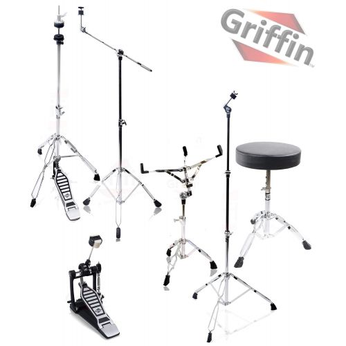  Complete Drum Hardware Pack 6 Piece Set by Griffin | Full Size Percussion Stand Kit with Snare, Hi-Hat, Cymbal Boom, Throne Stool and Single Kick Drum Pedal | Lightweight and Porta