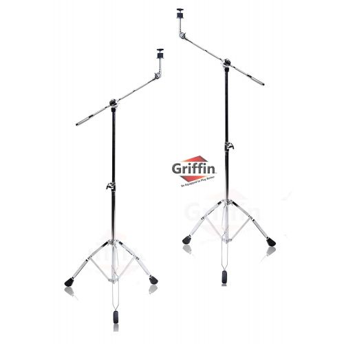  Cymbal Stand With Boom Arm by Griffin (Pack of 2)|Drum Percussion Gear Hardware Set with Double Braced Legs|Counterweight Adapter for Mounting Heavy Duty Crash, Ride, and Splash Cy