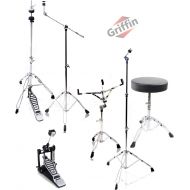 Complete Drum Hardware Pack 6 Piece Set by Griffin | Full Size Percussion Stand Kit with Snare, Hi-Hat, Cymbal Boom, Throne Stool and Single Kick Drum Pedal | Lightweight and Porta