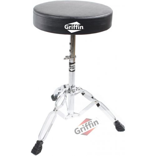  Complete Drum Hardware Pack 6 Piece Set by Griffin | Full Size Percussion Stand Kit with Snare, Hi-Hat, Cymbal Boom, Throne Stool and Single Kick Drum Pedal | Lightweight and Porta