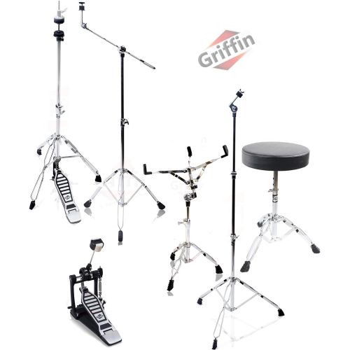  Complete Drum Hardware Pack 6 Piece Set by Griffin | Full Size Percussion Stand Kit with Snare, Hi-Hat, Cymbal Boom, Throne Stool and Single Kick Drum Pedal | Lightweight and Porta