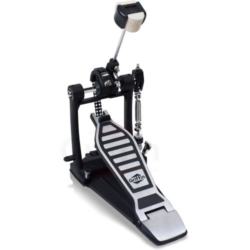  Single Kick Bass Drum Pedal by Griffin|Deluxe Double Chain Foot Percussion Hardware for Intense Play|4 Sided Beater and Fully Adjustable Power Cam System|Perfect for Beginner and E