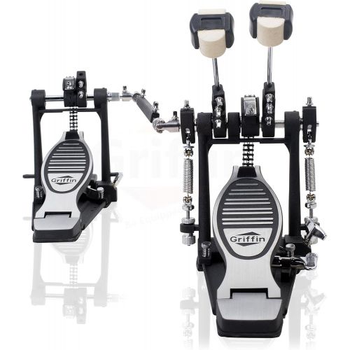  Deluxe Double Kick Drum Pedal for Bass Drum by Griffin | Twin Set Foot Pedal|Quad Sided Beater Heads|Dual Pedal Double Chain Drive Percussion Hardware | Impressive Response for Met