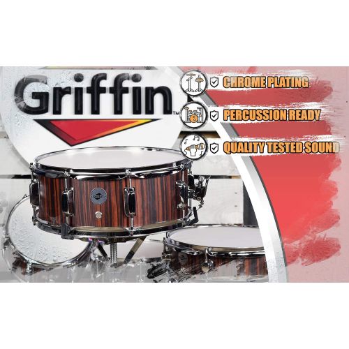  [아마존베스트]Snare Drum by Griffin | Black Hickory PVC Glossy Finish on Poplar Wood Shell 14 x 5.5 | Percussion Musical Instrument with Drummers Key for Students & Professionals | 8 Lugs & Delu