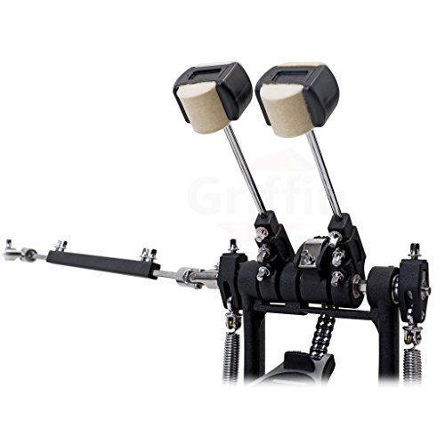  Deluxe Double Kick Drum Pedal for Bass Drum by Griffin | Twin Set Foot Pedal|Quad Sided Beater Heads|Dual Pedal Double Chain Drive Percussion Hardware | Impressive Response for Met