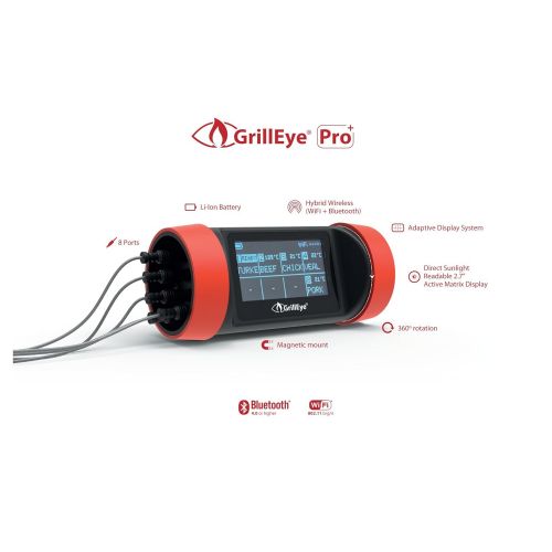  GrillEye GE0003 Pro Plus Grilling & Smoking Thermometer with Hybrid-Wireless Technology, Red Black