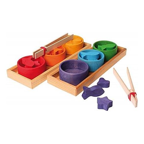  Grimms Spiel and Holz Design Grimms Rainbow Bowls Shape & Color Sorting GameActivity Set with Grabbing Tongs