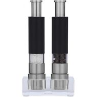 Salt and Pepper Grinder Set of 2 with Modern Thumb Push Button Black Grinder, Stainless Steel, for Black Pepper, Sea Salt and Himalayan Salt, With Stand, Peppermill are Refillable
