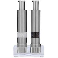 Grind Gourmet Salt and Pepper Grinder Set, Original Pump & Grind Peppermill are Refillable, Modern Thumb Press Grinder, Comes with Black Pepper, Sea Salt and Stand, Works With Hima