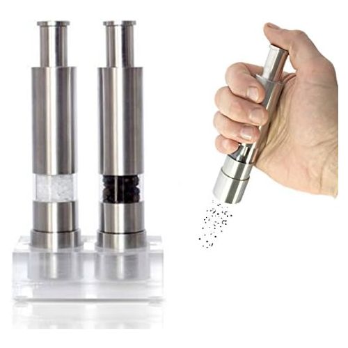  Grind Gourmet Salt and Pepper Grinder Set, Original Pump & Grind Peppermill are Refillable, Modern Thumb Press Grinder, Comes with Black Pepper, Sea Salt and Stand, Works With Hima