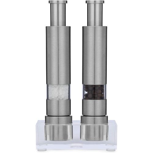  Grind Gourmet Salt and Pepper Grinder Set, Original Pump & Grind Peppermill are Refillable, Modern Thumb Press Grinder, Comes with Black Pepper, Sea Salt and Stand, Works With Hima