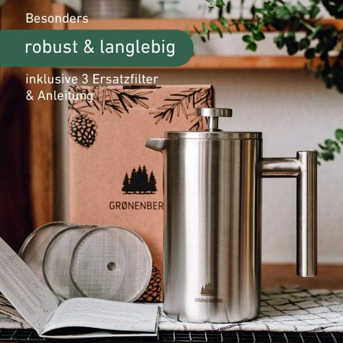  Visit the Groenenberg Store Groenenberg French Press Stainless Steel | 0.35-1 Litre (2-5 Cups) Coffee Maker Double-Walled Insulated | Coffee Press Incl. Replacement Filters & Step-by-Step Instructions (Englis