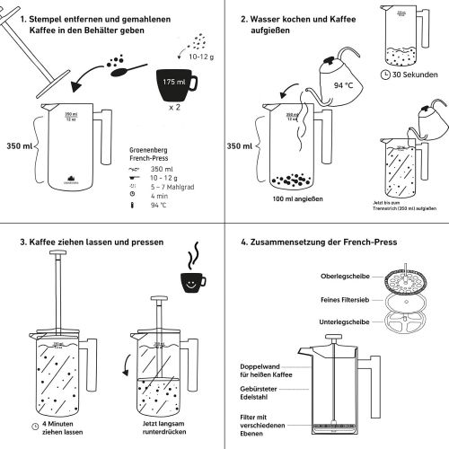  Visit the Groenenberg Store Groenenberg French Press Stainless Steel | 0.35-1 Litre (2-5 Cups) Coffee Maker Double-Walled Insulated | Coffee Press Incl. Replacement Filters & Step-by-Step Instructions (Englis