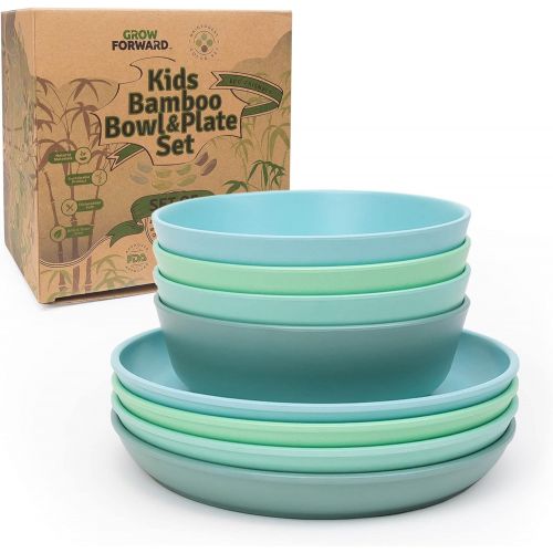 [아마존베스트]Grow Forward Kids Bamboo Bowl and Plate Set - 4 Bamboo Plates & 4 Bamboo Bowls - Toddler Dishes - BPA Free & Dishwasher Safe - Eco Friendly Biodegradable Reusable Dinnerware - Rain