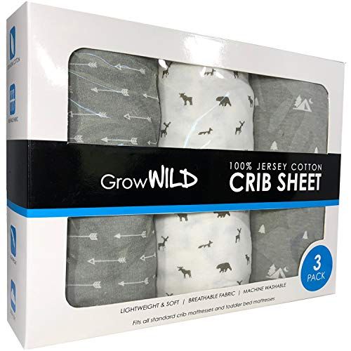  [아마존베스트]GrowWILD Premium Crib Sheets 3 Pack | Jersey Cotton Fitted Sheets for Boy or Girl | Standard Baby or Toddler Bed Mattress | Grey Arrows, Animals, Trees