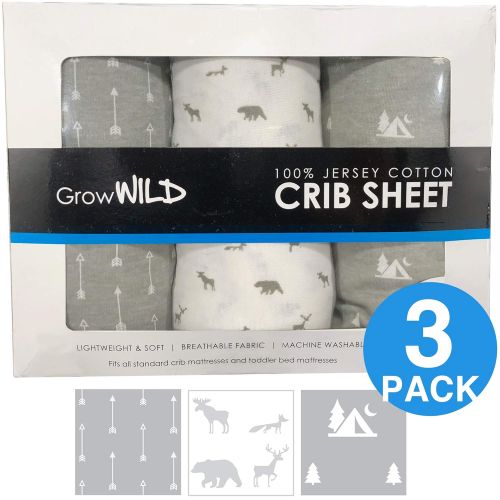  [아마존베스트]GrowWILD Premium Crib Sheets 3 Pack | Jersey Cotton Fitted Sheets for Boy or Girl | Standard Baby or Toddler Bed Mattress | Grey Arrows, Animals, Trees