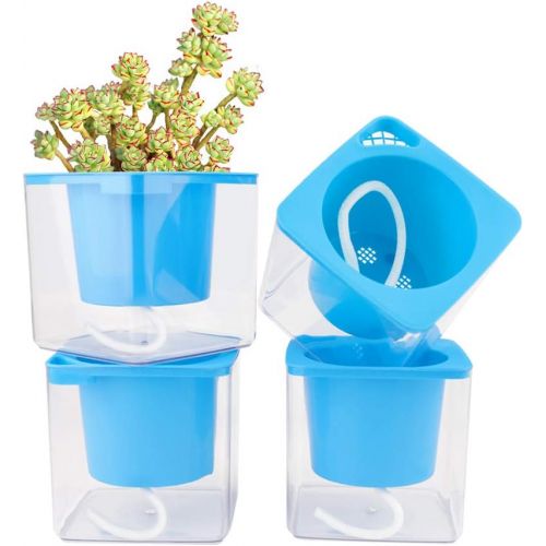  GrowLED 4 inch Self Watering Plant Pot, Indoor Gardening Planter, Indoor Home Garden Modern Decorative Pot, Set of 4, Blue