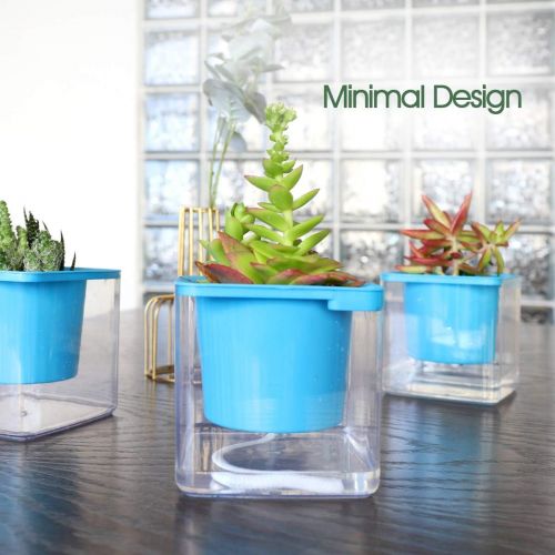  GrowLED 4 inch Self Watering Plant Pot, Indoor Gardening Planter, Indoor Home Garden Modern Decorative Pot, Set of 4, Blue