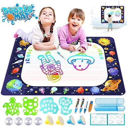  [아마존베스트]Growsland Water Drawing Mat Kids Toys - Aqua Magic Doodle Mat Mess Free Space Theme Writing Painting Educational Toy Xmas Gift for Age 2,3,4,5,6 Toddlers Boys Girls 39.4 X 27