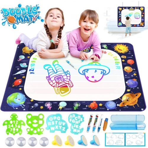  [아마존베스트]Growsland Water Drawing Mat Kids Toys - Aqua Magic Doodle Mat Mess Free Space Theme Writing Painting Educational Toy Xmas Gift for Age 2,3,4,5,6 Toddlers Boys Girls 39.4 X 27