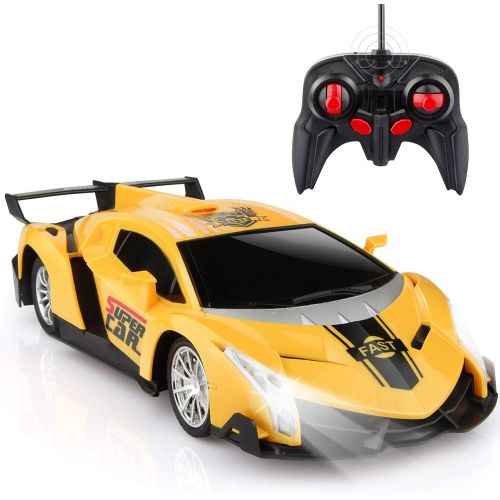  [아마존베스트]Growsland Remote Control Car, RC Cars Xmas Gifts for Kids 1/24 Electric Sport Racing Hobby Toy Car Yellow Model Vehicle for Boys Girls Adults with Lights and Controller