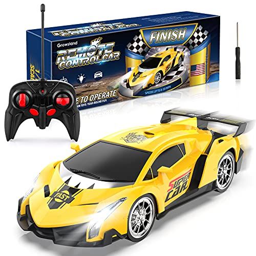  Growsland Remote Control Car, RC Cars Xmas Gifts for Kids 1/18 Electric Sport Racing Hobby Toy Car Yellow Model Vehicle for Boys Girls Adults with Lights and Controller