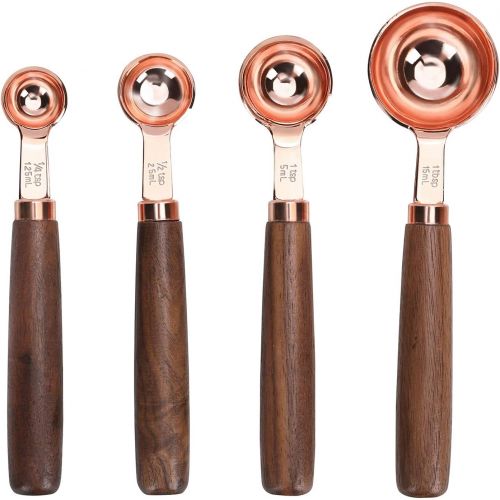  GuDoQi Stainless Steel Measuring Cups and Spoons Set with Walnut Handle for Measuring Baking Set of 8 Rose Gold: Kitchen & Dining