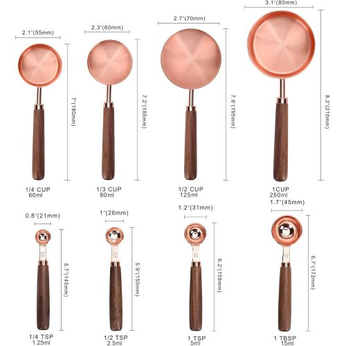  GuDoQi Stainless Steel Measuring Cups and Spoons Set with Walnut Handle for Measuring Baking Set of 8 Rose Gold: Kitchen & Dining