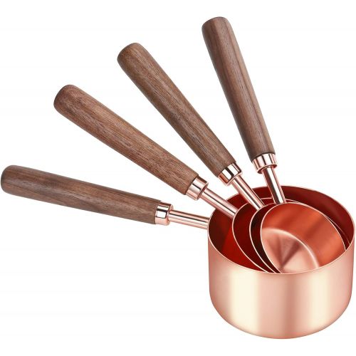  GuDoQi Stainless Steel Measuring Cups and Spoons Set with Walnut Handle for Measuring Baking Set of 8 Rose Gold: Kitchen & Dining