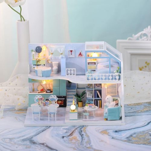  GuDoQi DIY Miniature Dollhouse Kit, Tiny House kit with Furniture and Dust Proof, Miniature House Kit 1:24 Scale Beautiful Blue Room, Great Handmade Crafts Gift for Mothers Day Bir