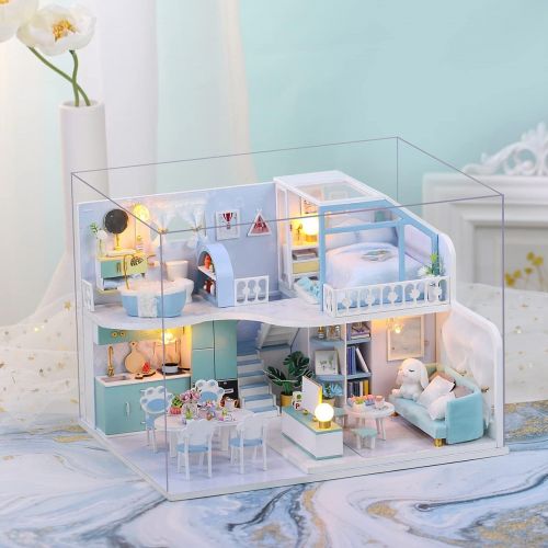  GuDoQi DIY Miniature Dollhouse Kit, Tiny House kit with Furniture and Dust Proof, Miniature House Kit 1:24 Scale Beautiful Blue Room, Great Handmade Crafts Gift for Mothers Day Bir