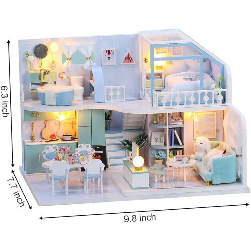  GuDoQi DIY Miniature Dollhouse Kit, Tiny House kit with Furniture and Dust Proof, Miniature House Kit 1:24 Scale Beautiful Blue Room, Great Handmade Crafts Gift for Mothers Day Bir