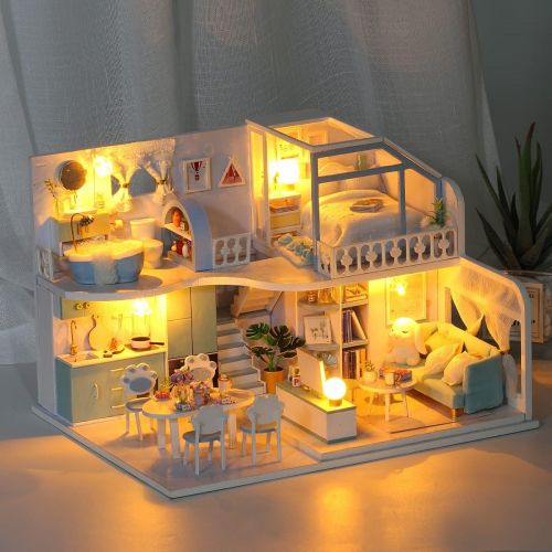  GuDoQi DIY Miniature Dollhouse Kit, Tiny House kit with Furniture and Dust Proof, Miniature House Kit 1:24 Scale Beautiful Blue Room, Great Handmade Crafts Gift for Mothers Day Bir