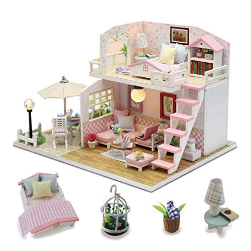  GuDoQi DIY Miniature Dollhouse Kit, Tiny House kit with Dust Cover and Music, Miniature House Kit 1:24 Scale, Great Handmade Crafts Gift for Mothers Day Birthday, Princess Pink Lof