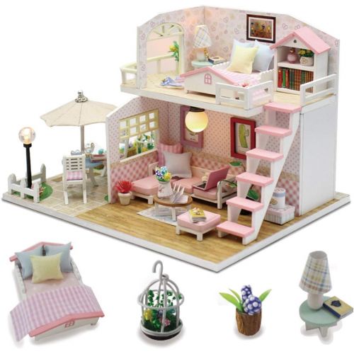  GuDoQi DIY Miniature Dollhouse Kit, Tiny House kit with Dust Cover and Music, Miniature House Kit 1:24 Scale, Great Handmade Crafts Gift for Mothers Day Birthday, Princess Pink Lof