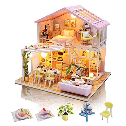  GuDoQi DIY Miniature Dollhouse Kit, Tiny House kit with Furniture and Music, Miniature House Kit 1:24 Scale, Great Handmade Crafts Gift for Mothers Day Birthday, Sweet Time House