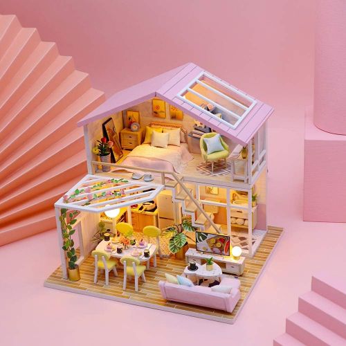  GuDoQi DIY Miniature Dollhouse Kit, Tiny House kit with Furniture and Music, Miniature House Kit 1:24 Scale, Great Handmade Crafts Gift for Mothers Day Birthday, Sweet Time House