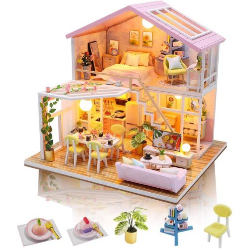  GuDoQi DIY Miniature Dollhouse Kit, Tiny House kit with Furniture and Music, Miniature House Kit 1:24 Scale, Great Handmade Crafts Gift for Mothers Day Birthday, Sweet Time House