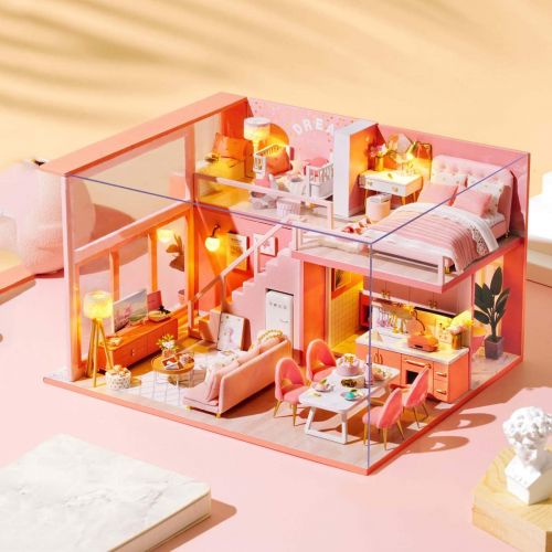  GuDoQi DIY Miniature Dollhouse Kit, Mini Dollhouse Kit with Furniture, Tiny House Kit Plus Dust Cover, DIY Miniature Kits to Build for Mothers Day, Birthday, Sweet Angel