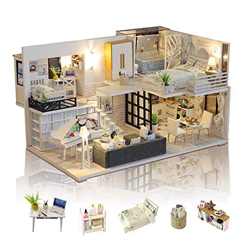  GuDoQi DIY Miniature Dollhouse Kit, Tiny House kit with Furniture and Music, Miniature House Kit 1:24 Scale, Great Handmade Crafts Gift for Mothers Day Birthday, Simple Life House