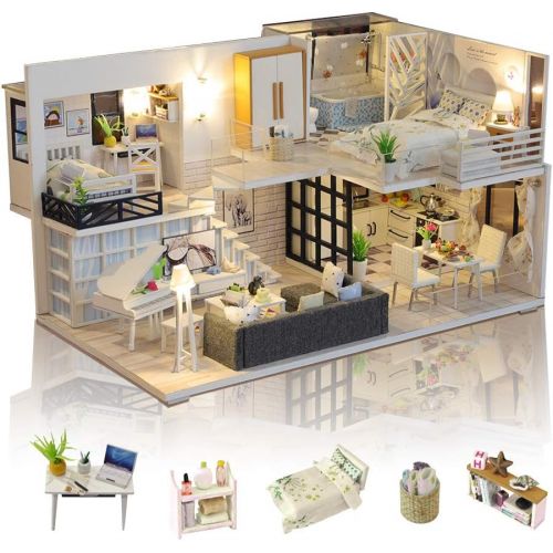  GuDoQi DIY Miniature Dollhouse Kit, Tiny House kit with Furniture and Music, Miniature House Kit 1:24 Scale, Great Handmade Crafts Gift for Mothers Day Birthday, Simple Life House