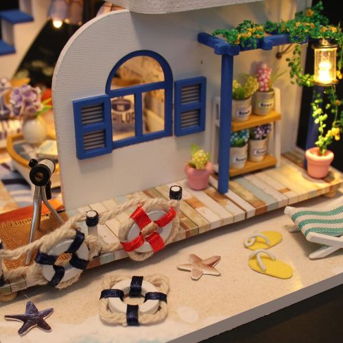  GuDoQi DIY Miniature Dollhouse Kit, Tiny House kit with Dust Cover and Music, Miniature House Kit 1:24 Scale, Great Handmade Crafts Gift for Mothers Day Birthday, Blue Coast