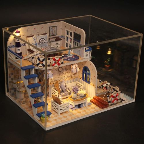  GuDoQi DIY Miniature Dollhouse Kit, Tiny House kit with Dust Cover and Music, Miniature House Kit 1:24 Scale, Great Handmade Crafts Gift for Mothers Day Birthday, Blue Coast