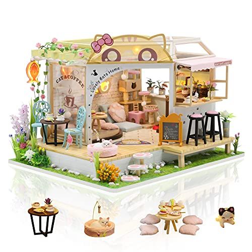  GuDoQi DIY Miniature Dollhouse Kit, Tiny House kit with Music and Dust Proof, Miniature House Kit 1:24 Scale, Great Handmade Crafts Gift for Mothers Day Birthday,Lovely Cats Coffee