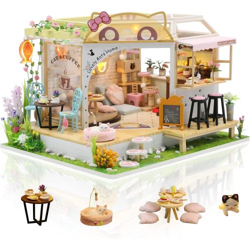  GuDoQi DIY Miniature Dollhouse Kit, Tiny House kit with Music and Dust Proof, Miniature House Kit 1:24 Scale, Great Handmade Crafts Gift for Mothers Day Birthday,Lovely Cats Coffee