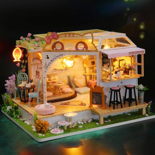  GuDoQi DIY Miniature Dollhouse Kit, Tiny House kit with Music and Dust Proof, Miniature House Kit 1:24 Scale, Great Handmade Crafts Gift for Mothers Day Birthday,Lovely Cats Coffee