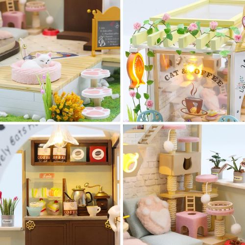  GuDoQi DIY Miniature Dollhouse Kit, Tiny House kit with Music and Dust Proof, Miniature House Kit 1:24 Scale, Great Handmade Crafts Gift for Mothers Day Birthday,Lovely Cats Coffee