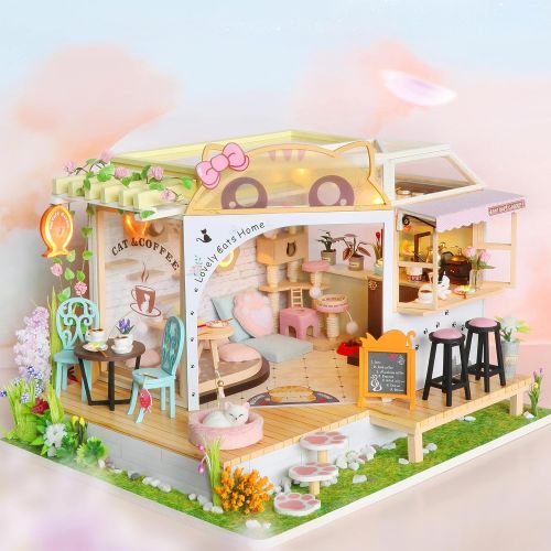  GuDoQi DIY Miniature Dollhouse Kit, Tiny House kit with Music and Dust Proof, Miniature House Kit 1:24 Scale, Great Handmade Crafts Gift for Mothers Day Birthday,Lovely Cats Coffee