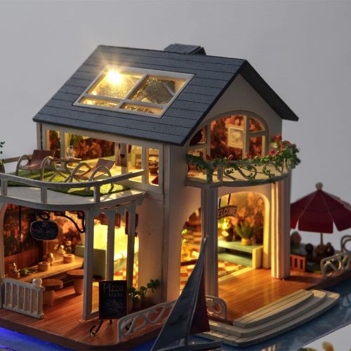  GuDoQi DIY Miniature Dollhouse Kit, Tiny House kit with Furniture and Dust Proof, Miniature House Kit 1:24 Scale Beachside Bungalow, Great Handmade Crafts Gift for Mothers Day Birt