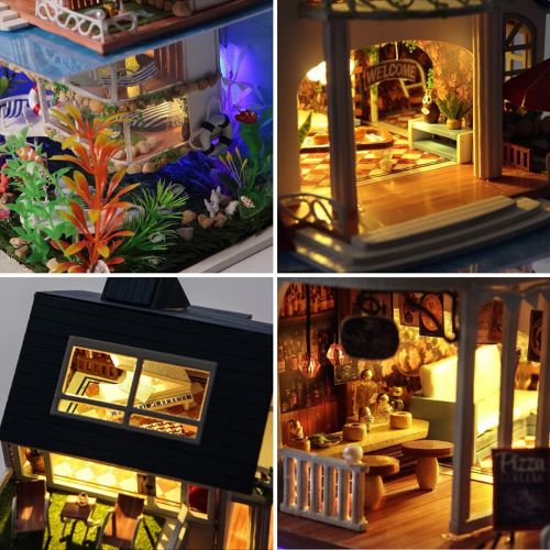  GuDoQi DIY Miniature Dollhouse Kit, Tiny House kit with Furniture and Dust Proof, Miniature House Kit 1:24 Scale Beachside Bungalow, Great Handmade Crafts Gift for Mothers Day Birt